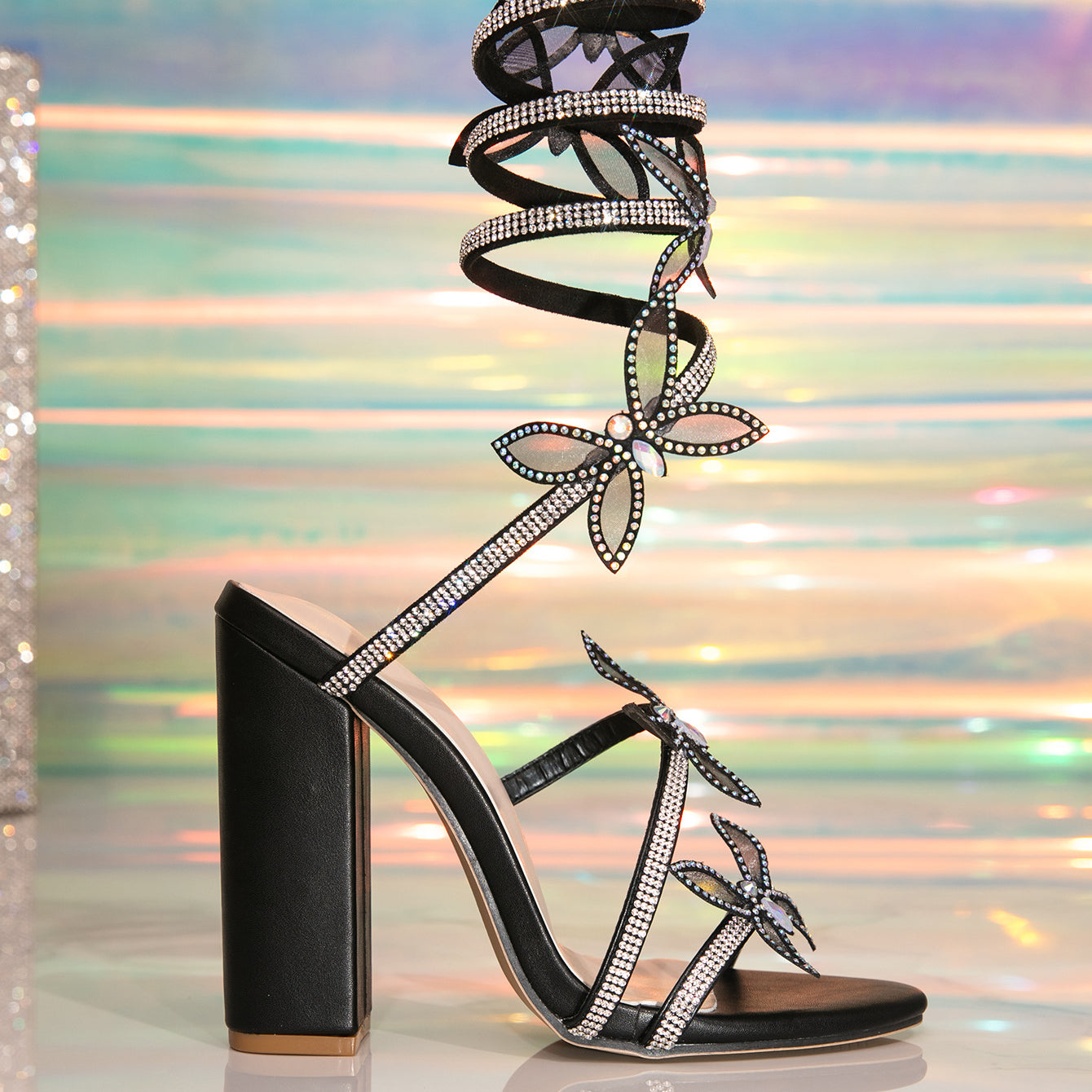 Langry fashion black rhinestone high heel sandal with bow