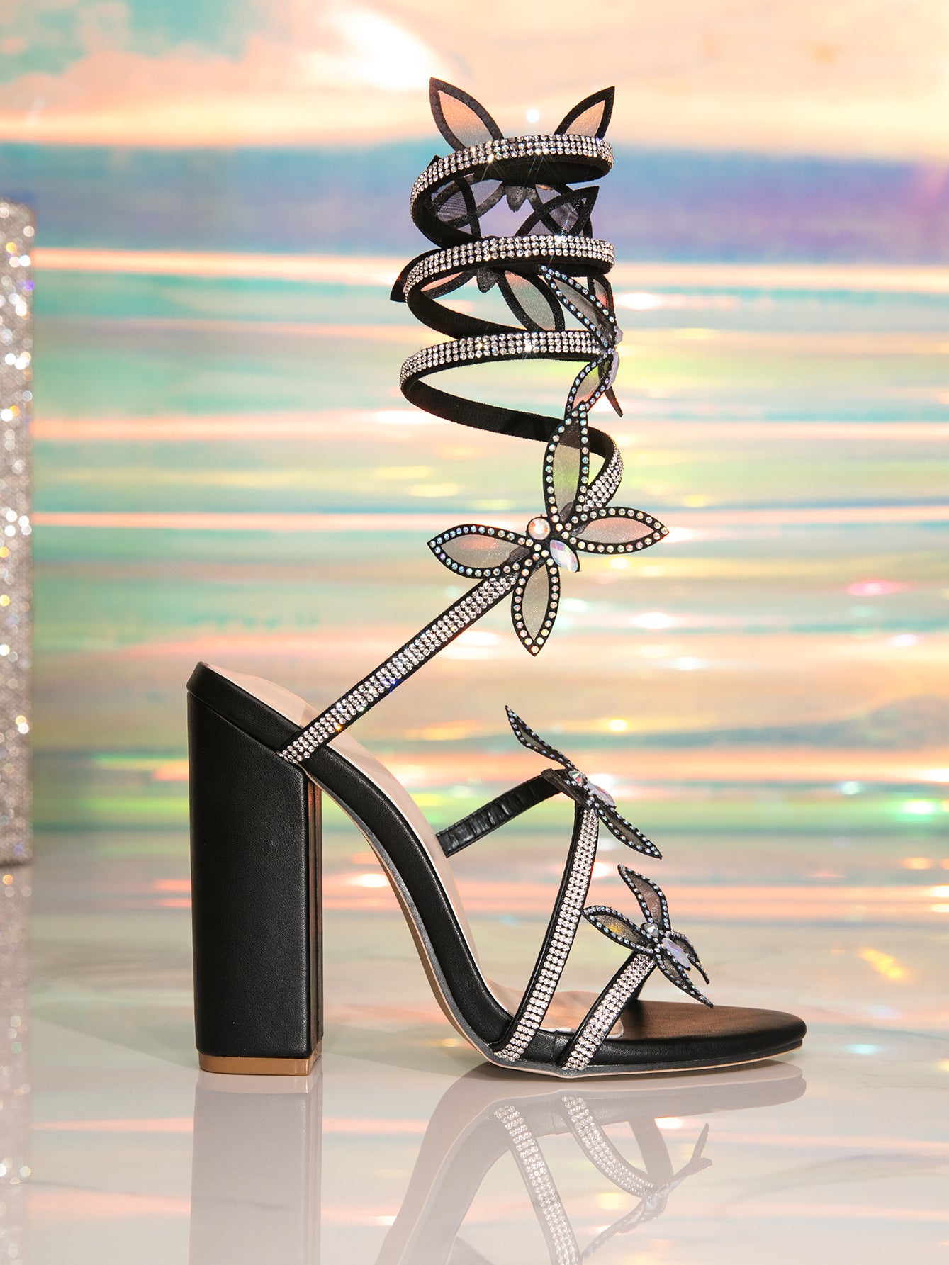 Langry fashion black rhinestone high heel sandal with bow