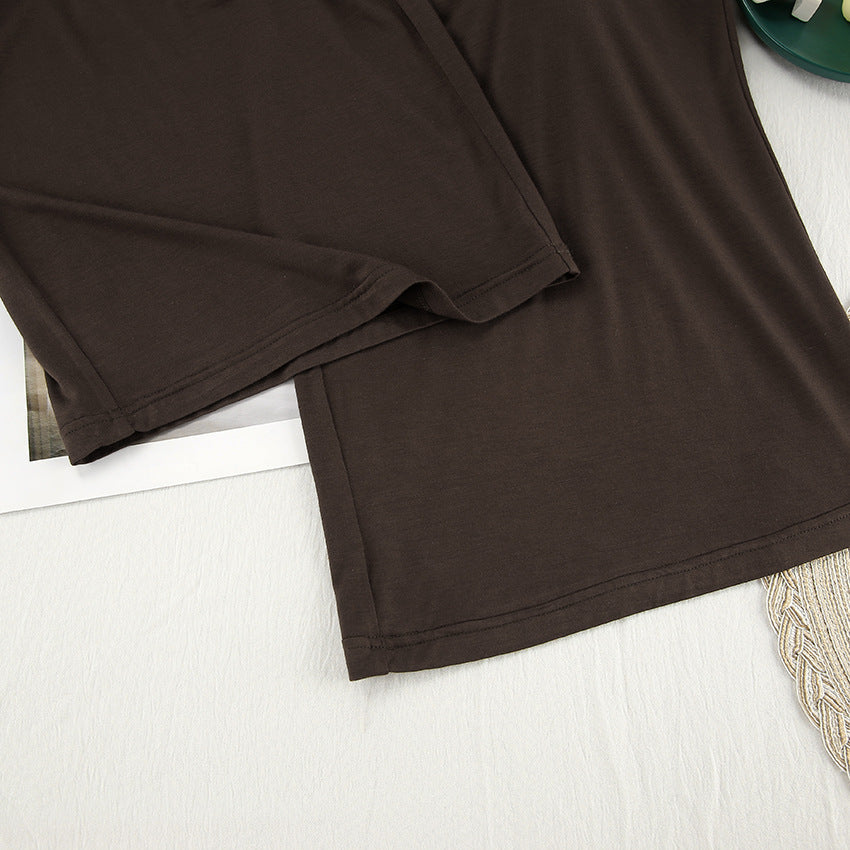 Dark brown long-sleeved round neck top with simple hem for women’s casual homewear