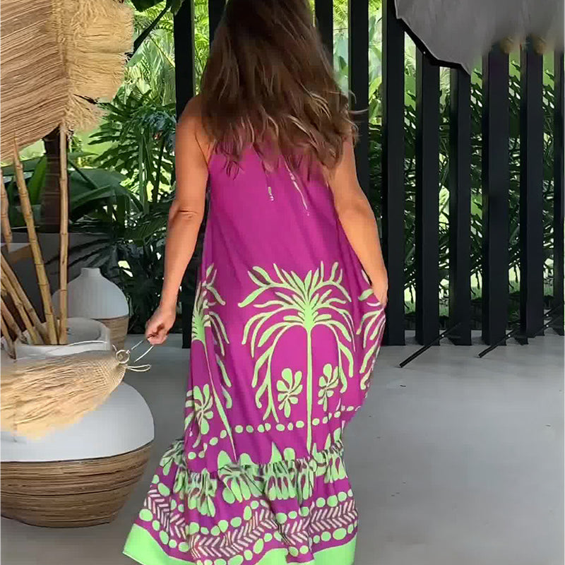Spring Printed Sleeveless Loose Halter Dress Backless Women