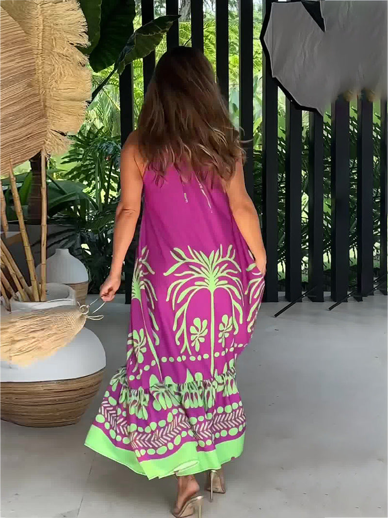 Spring Printed Sleeveless Loose Halter Dress Backless Women