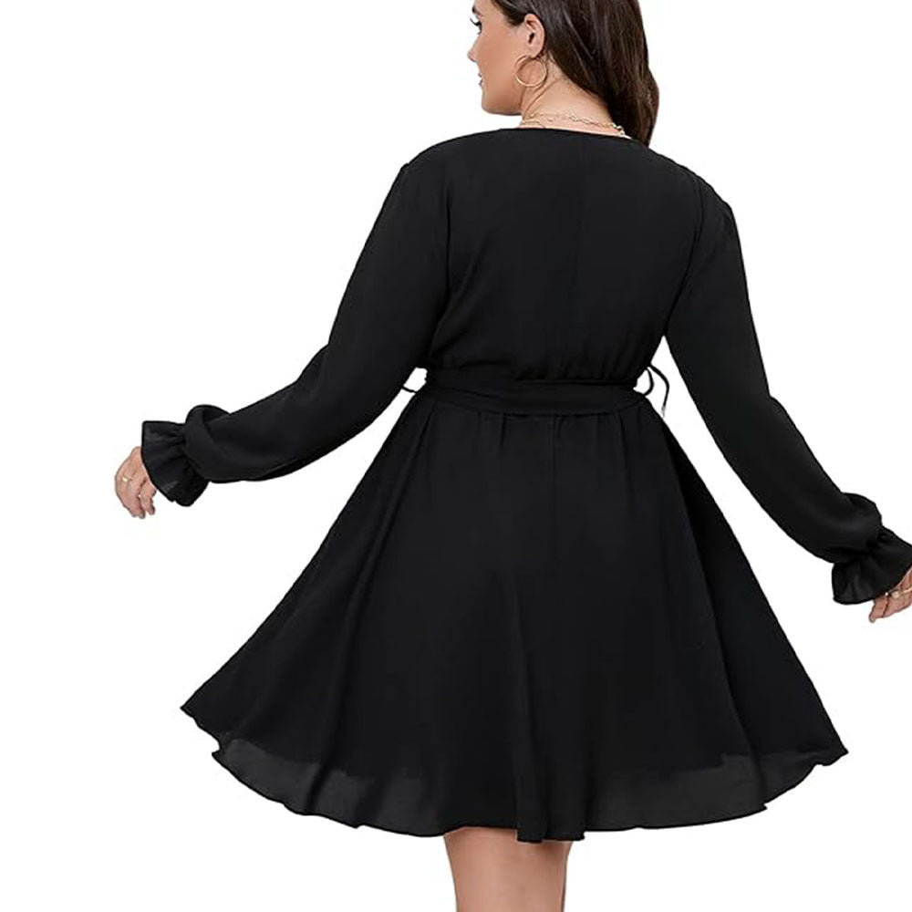 Plus size black wrap dress with ruffled sleeves, ideal for winter office midi wear