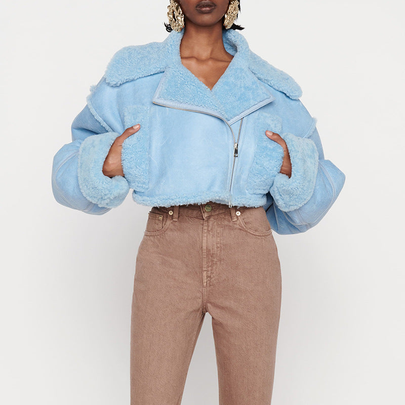 Light blue faux shearling jacket from Lamb Wool Coat Women Autumn collection, fashionable ملابس