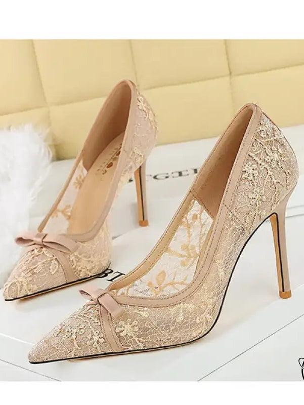 Cocktail High Heel Women Shoes Bow Sequined Lace Mesh Pointed Shallow Mouth Stiletto