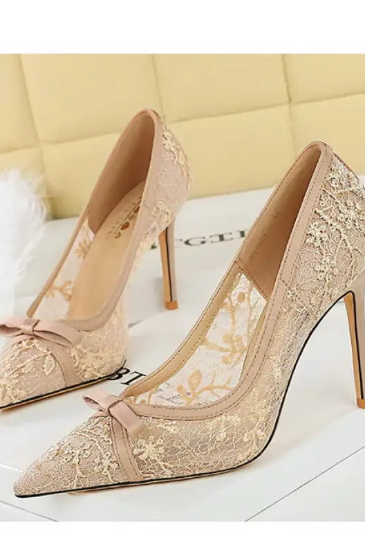 Cocktail High Heel Women Shoes Bow Sequined Lace Mesh Pointed Shallow Mouth Stiletto