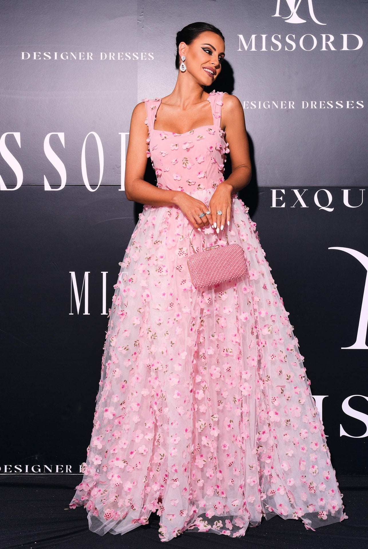 Pink floral gown with elegant square collar and bohemian wide hem for evening wear