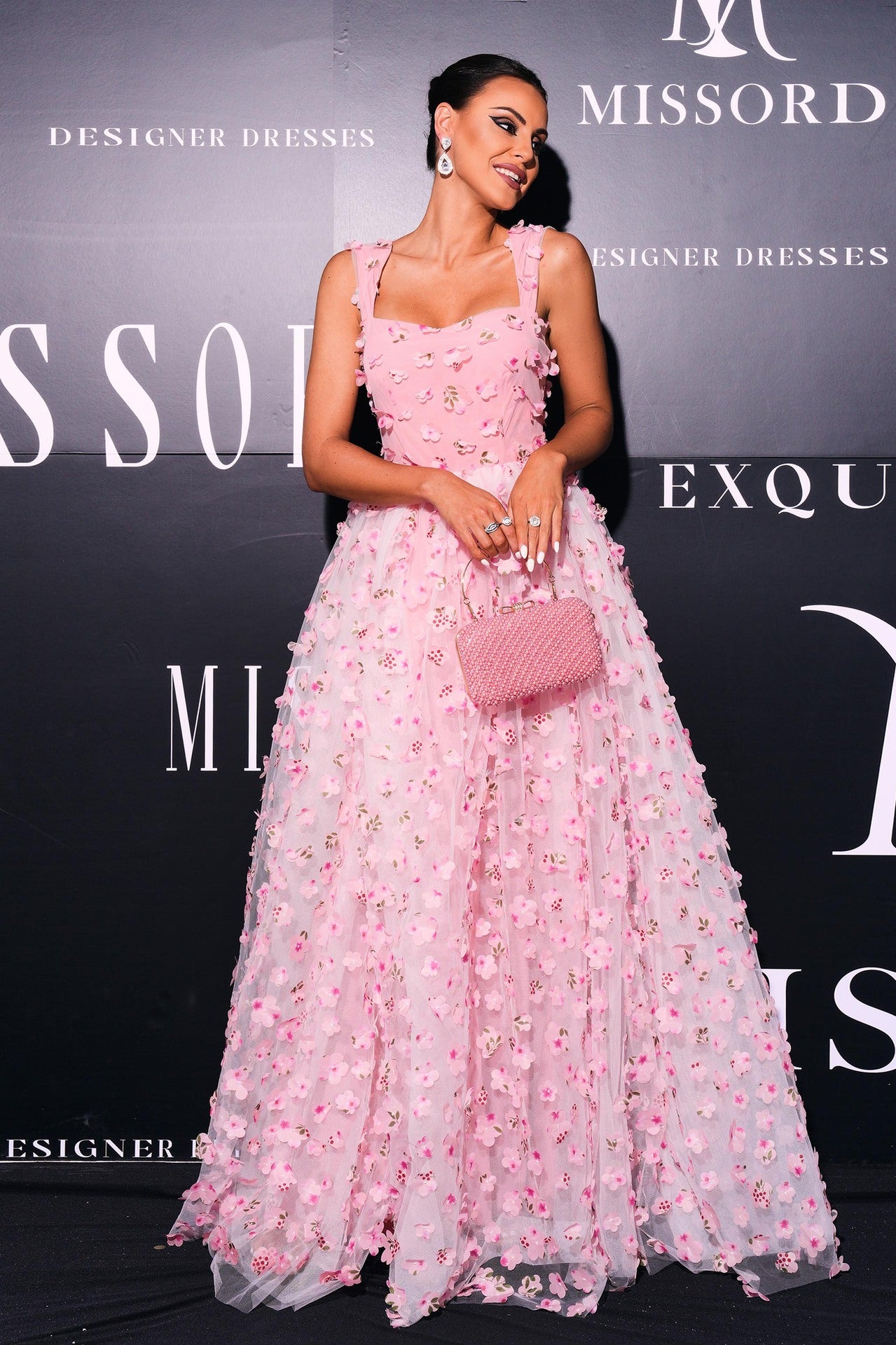 Pink floral gown with elegant square collar and bohemian wide hem for evening wear