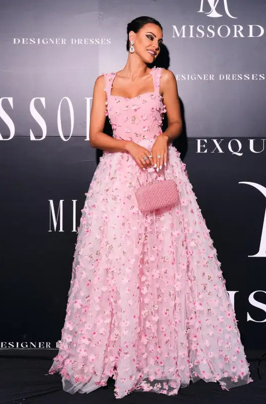 Pink floral sleeveless elegant square collar bohemian gown