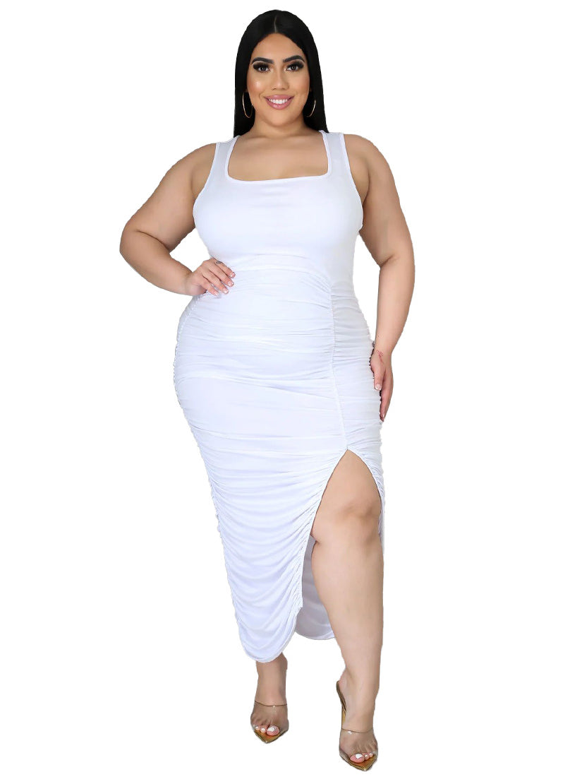 White ruched summer slim fit split dress showcasing elegant fashion and style