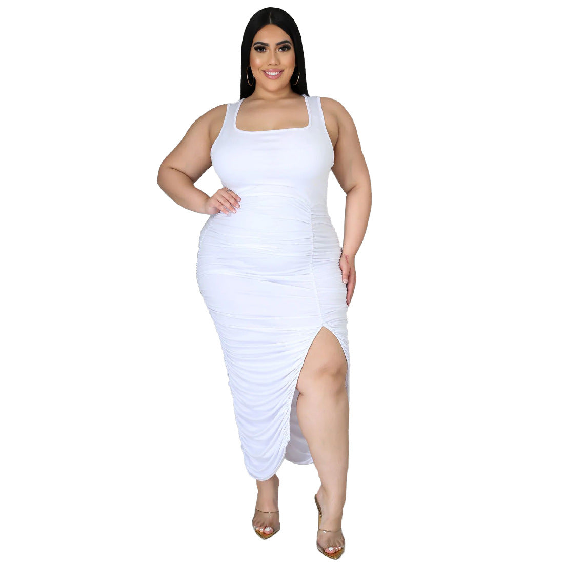 White ruched summer slim fit split dress showcasing elegant fashion and style