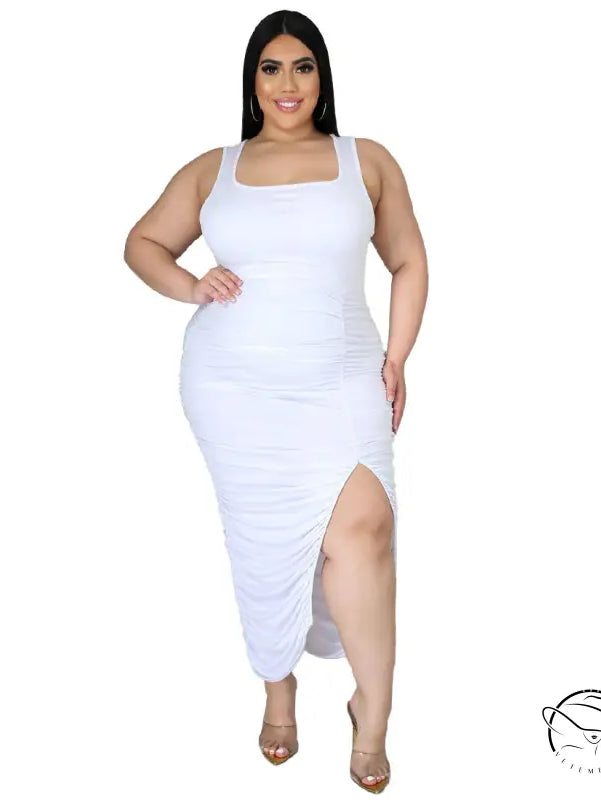 White slim fit ruched midi dress with fold split