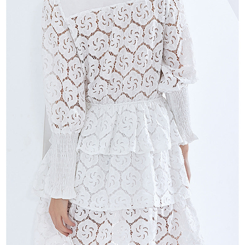 White lace tiered dress in solid color for women, elegant spring fashion choice