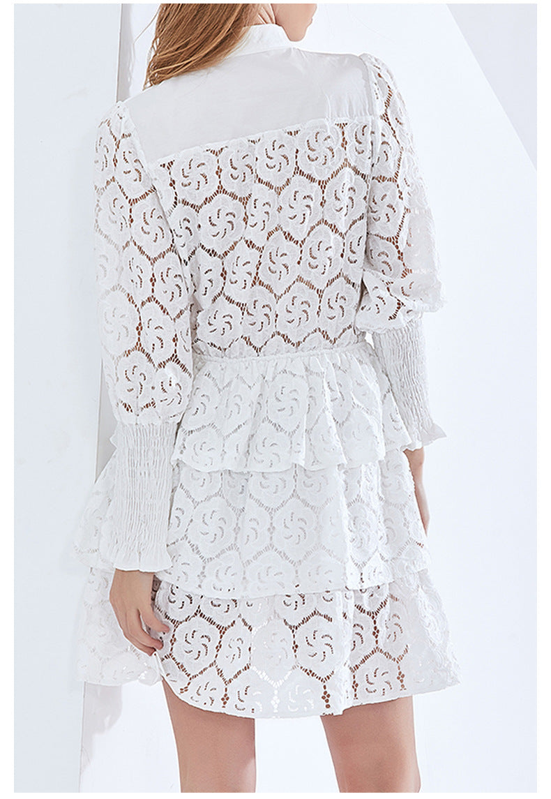 White lace tiered dress in solid color for women, elegant spring fashion choice