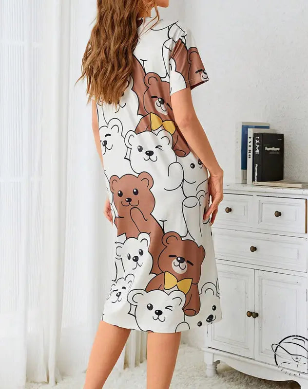 White nightdress with cartoon brown and white bears for pajamas dress home wear