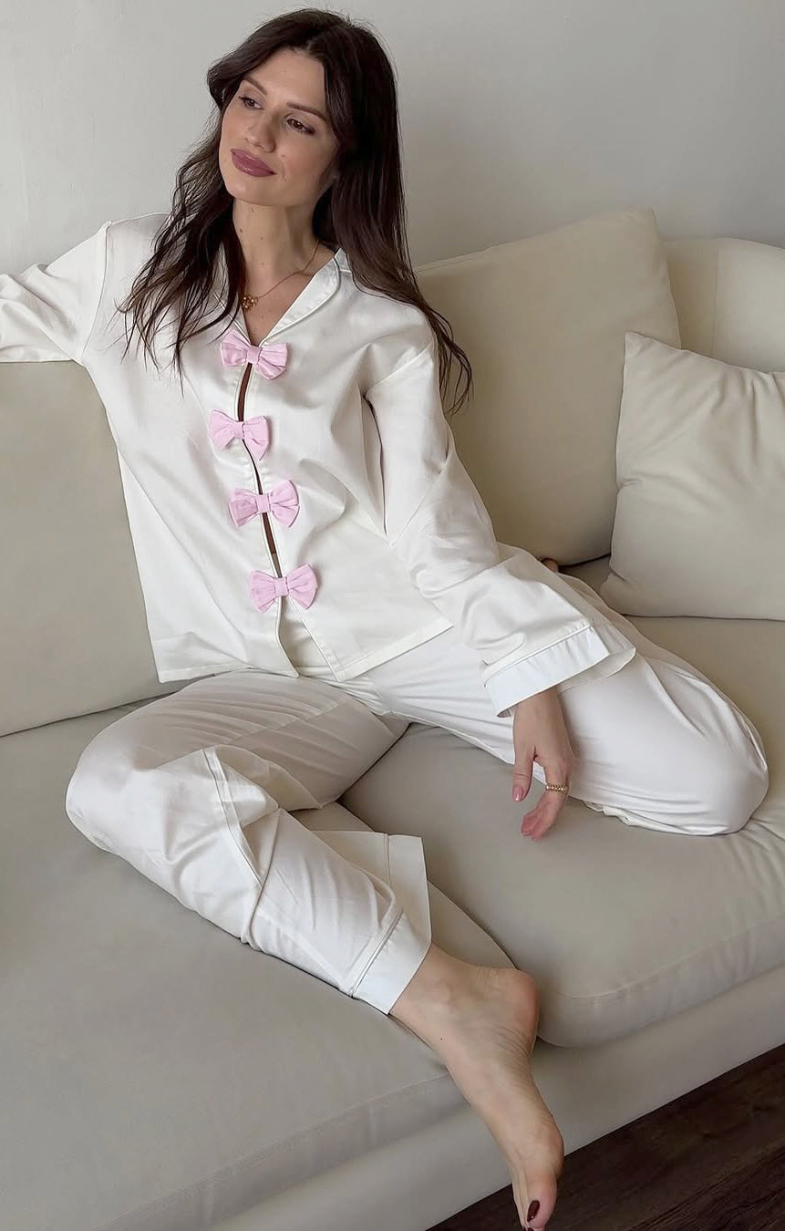 White cotton Sleepy Jones pajama set with pink bow accents, langry fashion ملابس
