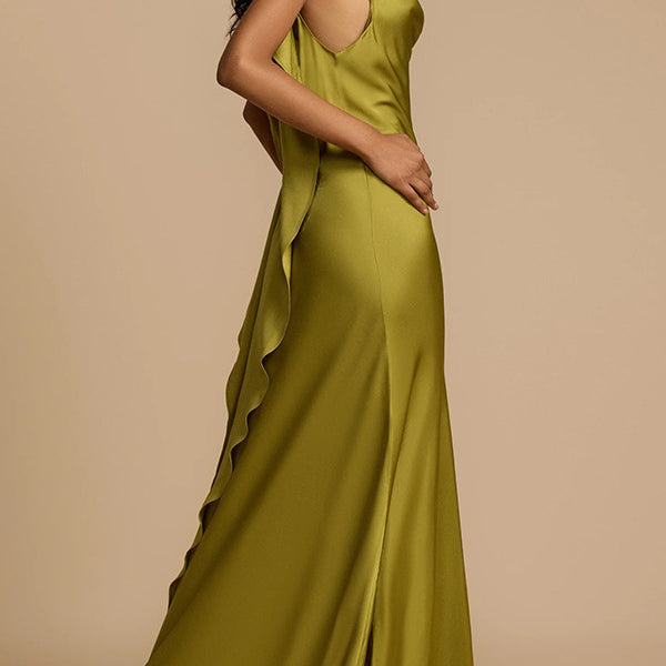 Olive green satin dress showcasing elegance in contemporary fashion and comfort