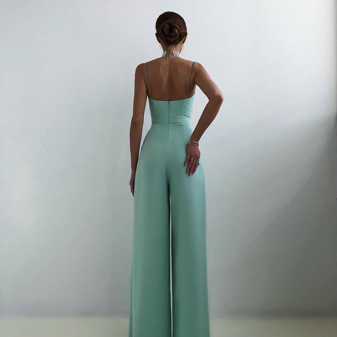 Mint green strapless jumpsuit with wide-leg pants for elegant fashion and style