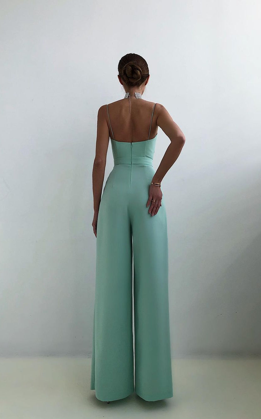 Mint green strapless jumpsuit with wide-leg pants for elegant fashion and style