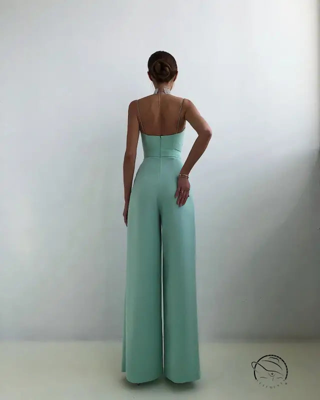 Elegant mint green strapless modern jumpsuit with wide-leg pants