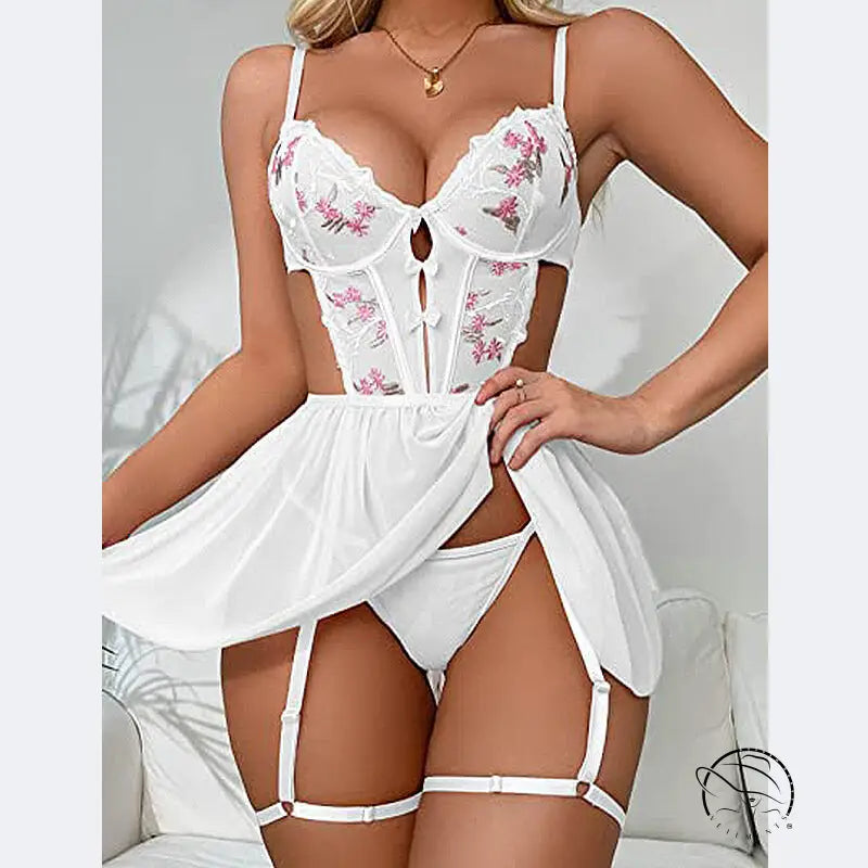 Cute Embroidered Suspender Lingerie Set