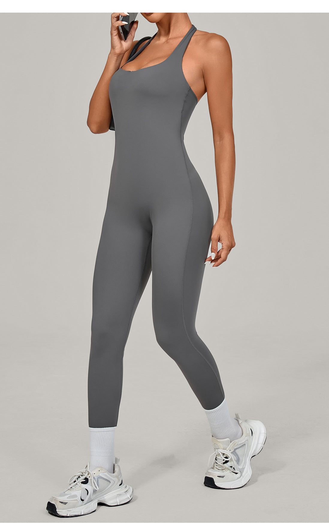 Gray langry fashion halter yoga jumpsuit in seamless athletic style
