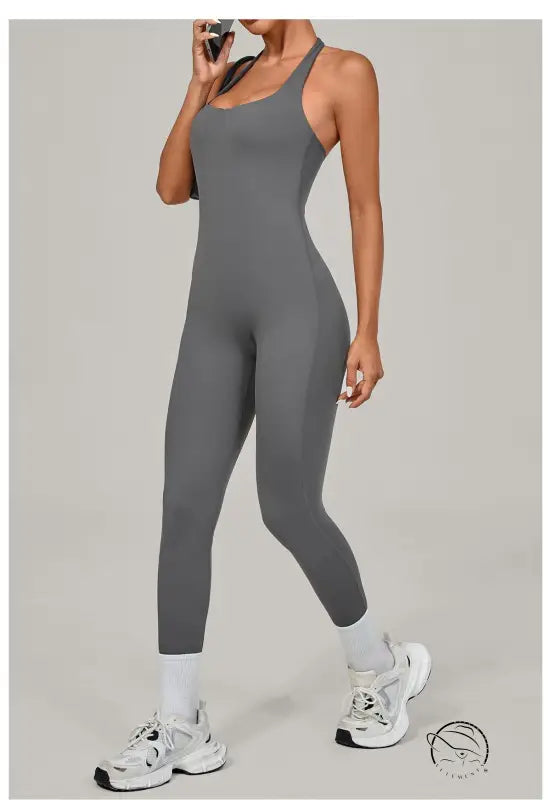 Gray langry fashion halter yoga jumpsuit with racerback and leggings