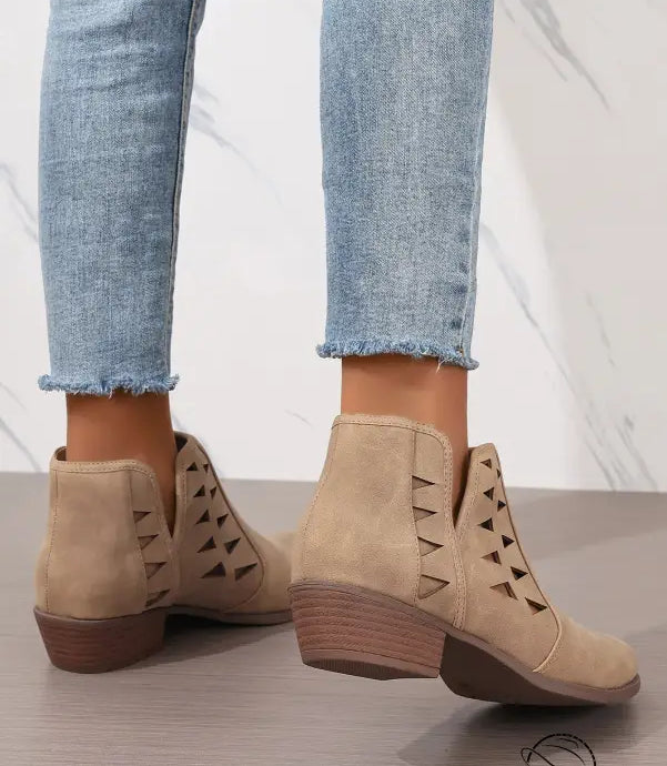 Beige suede daily ankle boots with side cutouts and low heels