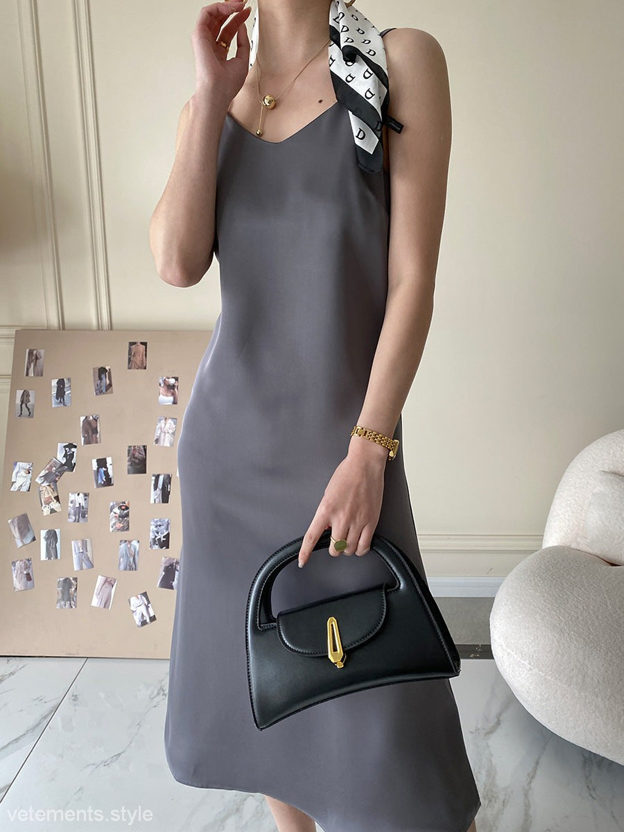 Grey Obsidian Black Acetate Satin Dress with Leather Handbag