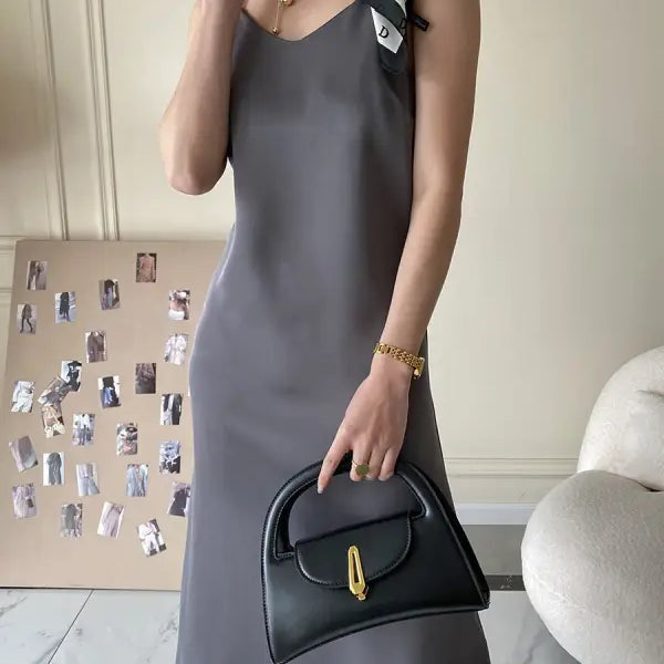 Grey obsidian black acetate satin dress with leather handbag and scarf