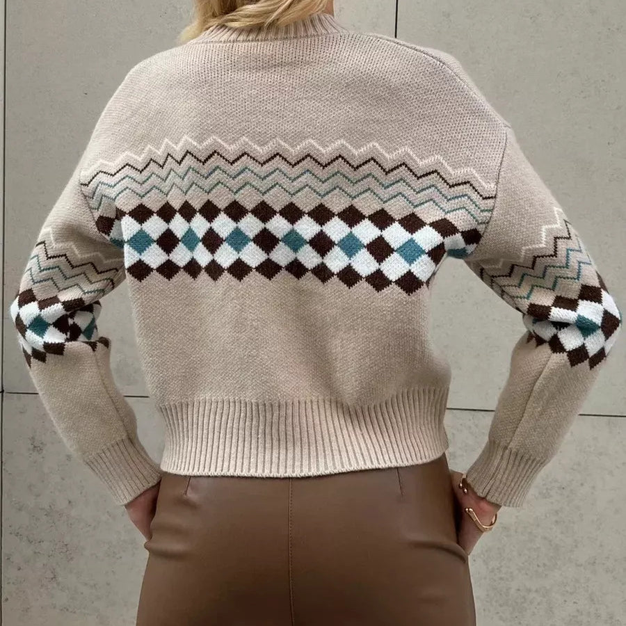 Beige patterned knit sweater with regular sleeves from Langry Fashion, Jacquard Knitted Cardigan