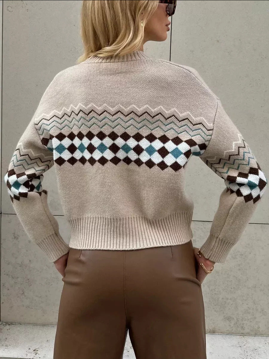 Beige patterned knit sweater with regular sleeves from Langry Fashion, Jacquard Knitted Cardigan