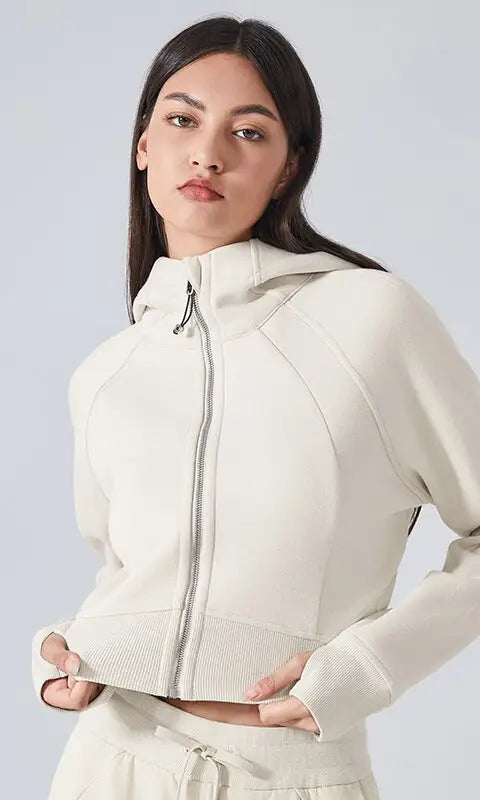 Beige hooded cardigan sweater for women, slim fit casual jacket