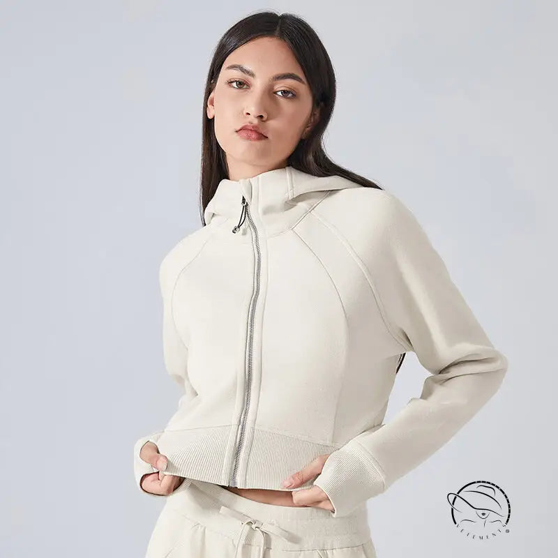 Beige hooded cardigan sweater for women, slim fit casual jacket