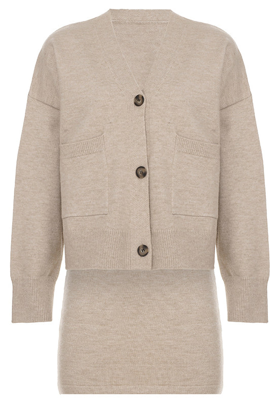 Beige Langry fashion cardigan sweater with pockets and ribbed details