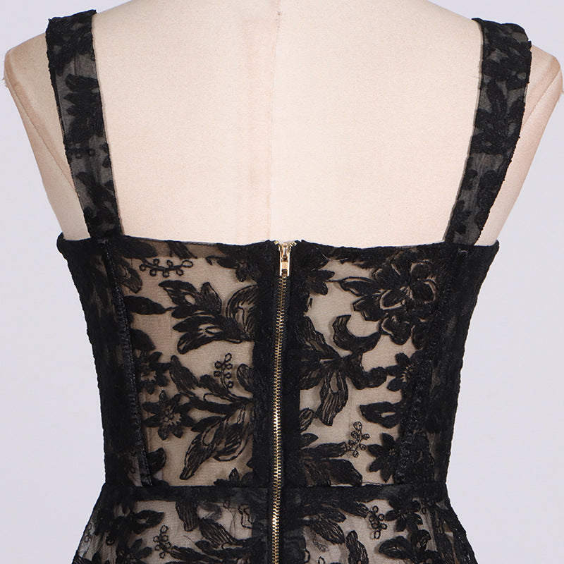 Black floral lace dress back showcasing elegance in Summer Sling Boning Corset design