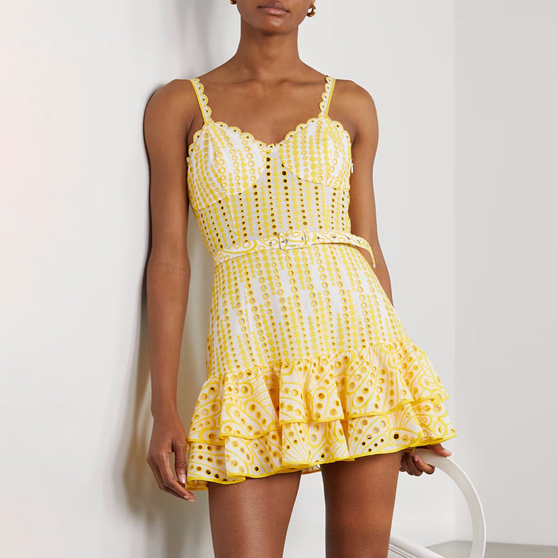 Yellow sundress with eyelet details, perfect for summer fashion and ملابس styles