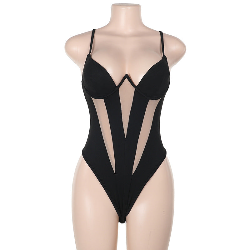 Black bodysuit with sheer panels from the Gorgeous Camisole Stitching Two Piece Sets fashion ملابس