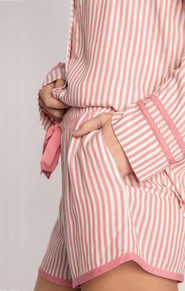 Pink and white striped Langry fashion two-piece ladies homewear bathrobe with shorts