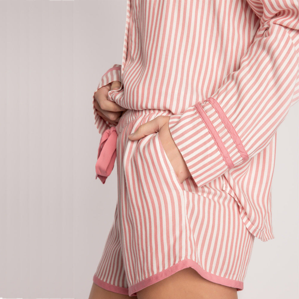 Pink and white striped Langry fashion two-piece ladies homewear bathrobe with shorts