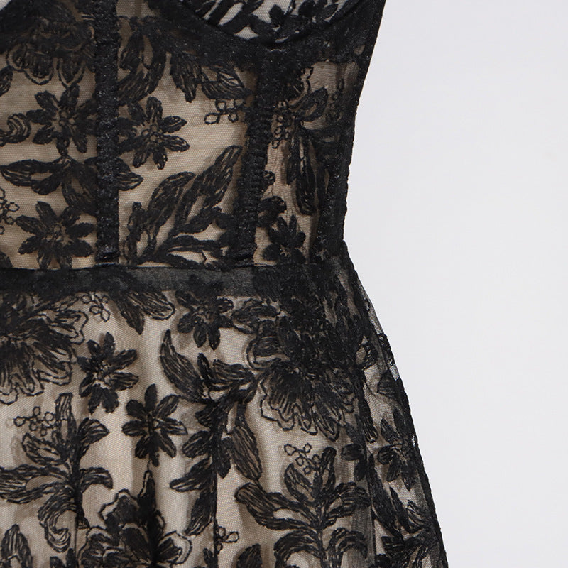 Black floral lace dress from Summer Sling Boning Corset Waist-Tight Embroidery Mesh Maxi Dress for stylish women