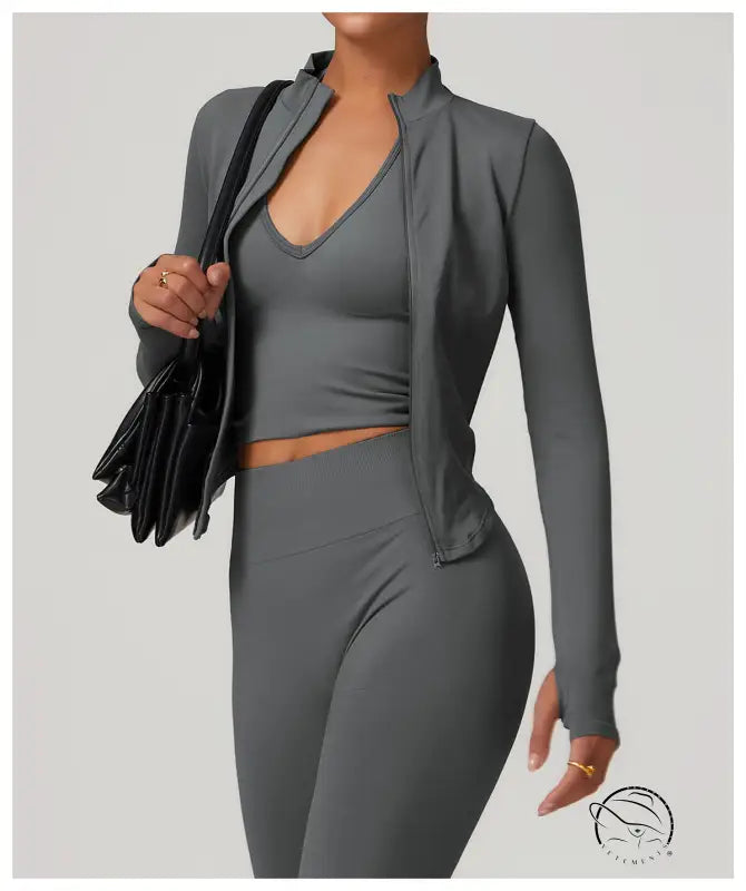 Stand Collar Long Sleeve Zipper Yoga Jacket Women Tight Quick Drying Clothes Outdoor Fitness Sports Top