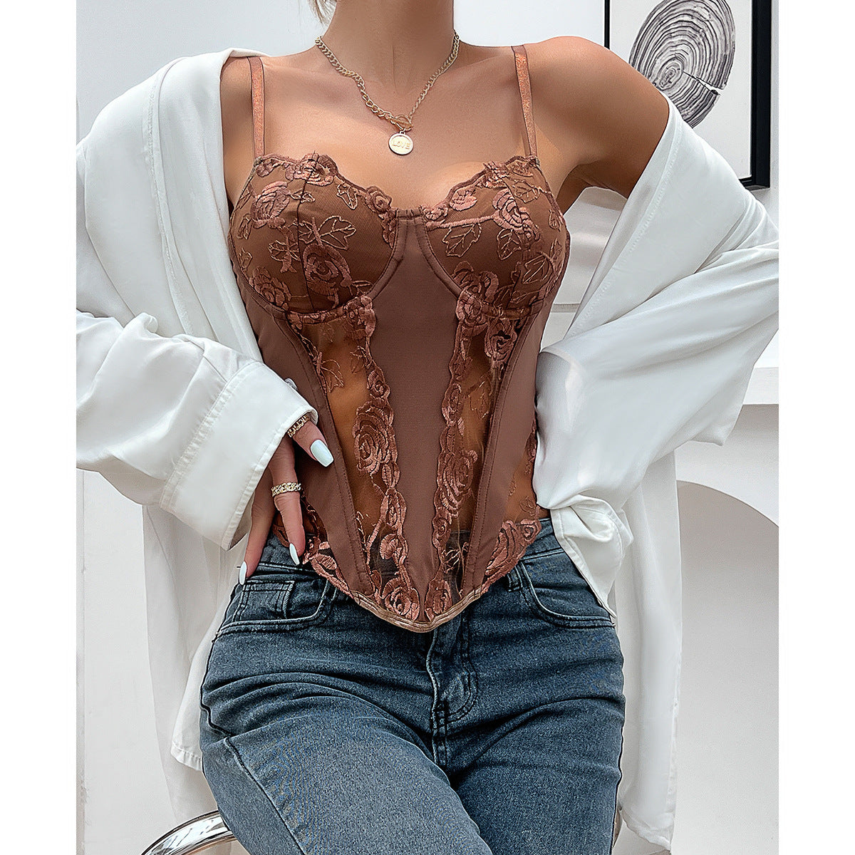 Brown lace corset top from Summer Lace Rose Pattern Boning Corset collection showcasing elegant fashion and ملابس