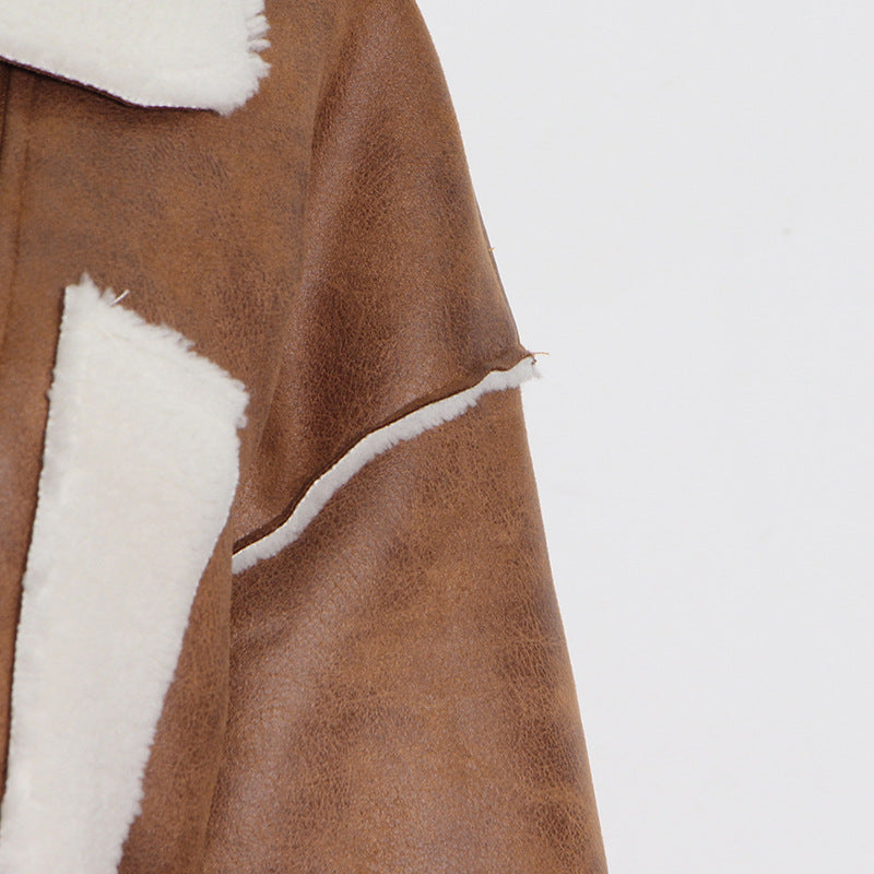 Brown faux leather jacket with white fur trim, fashionable ملابس for women Autumn Fashion