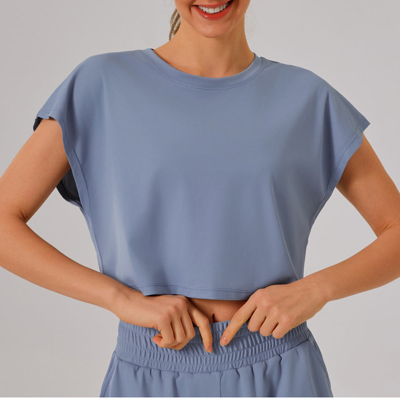 Light blue casual t-shirt with cap sleeves from Langry fashion sports yoga fitness set