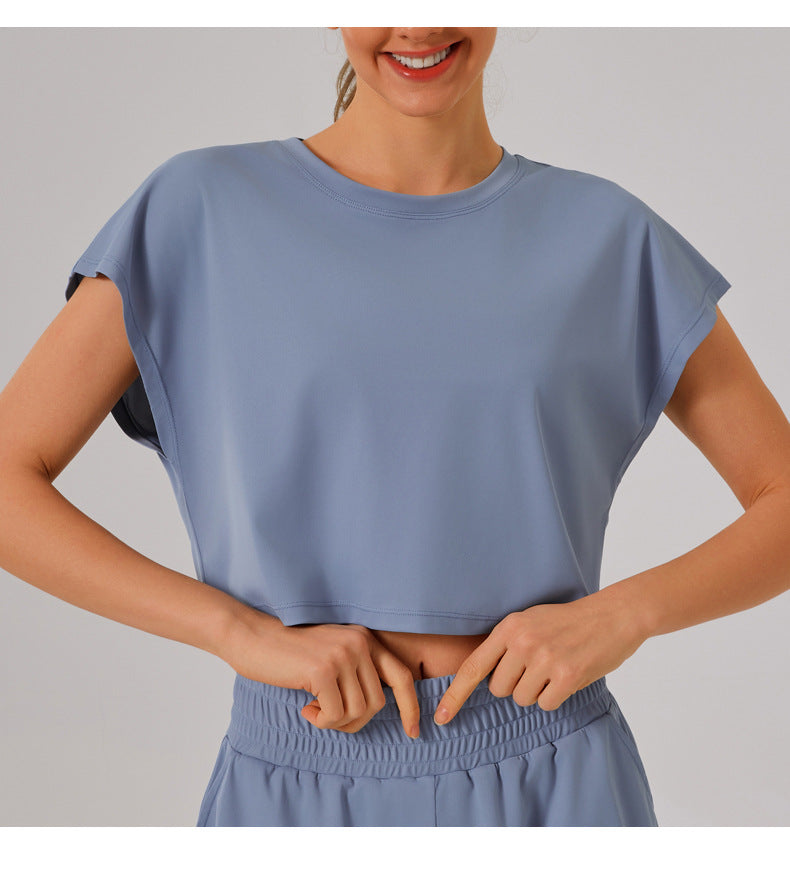 Light blue casual t-shirt with cap sleeves from Langry fashion sports yoga fitness set