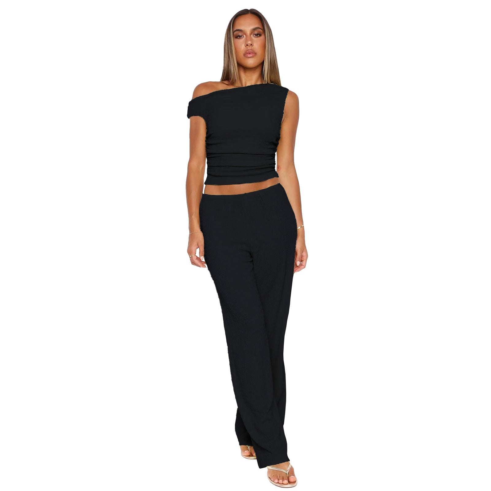 Woman in black one-shoulder top and pants from Beautiful Wide Leg Pants Two Piece Set