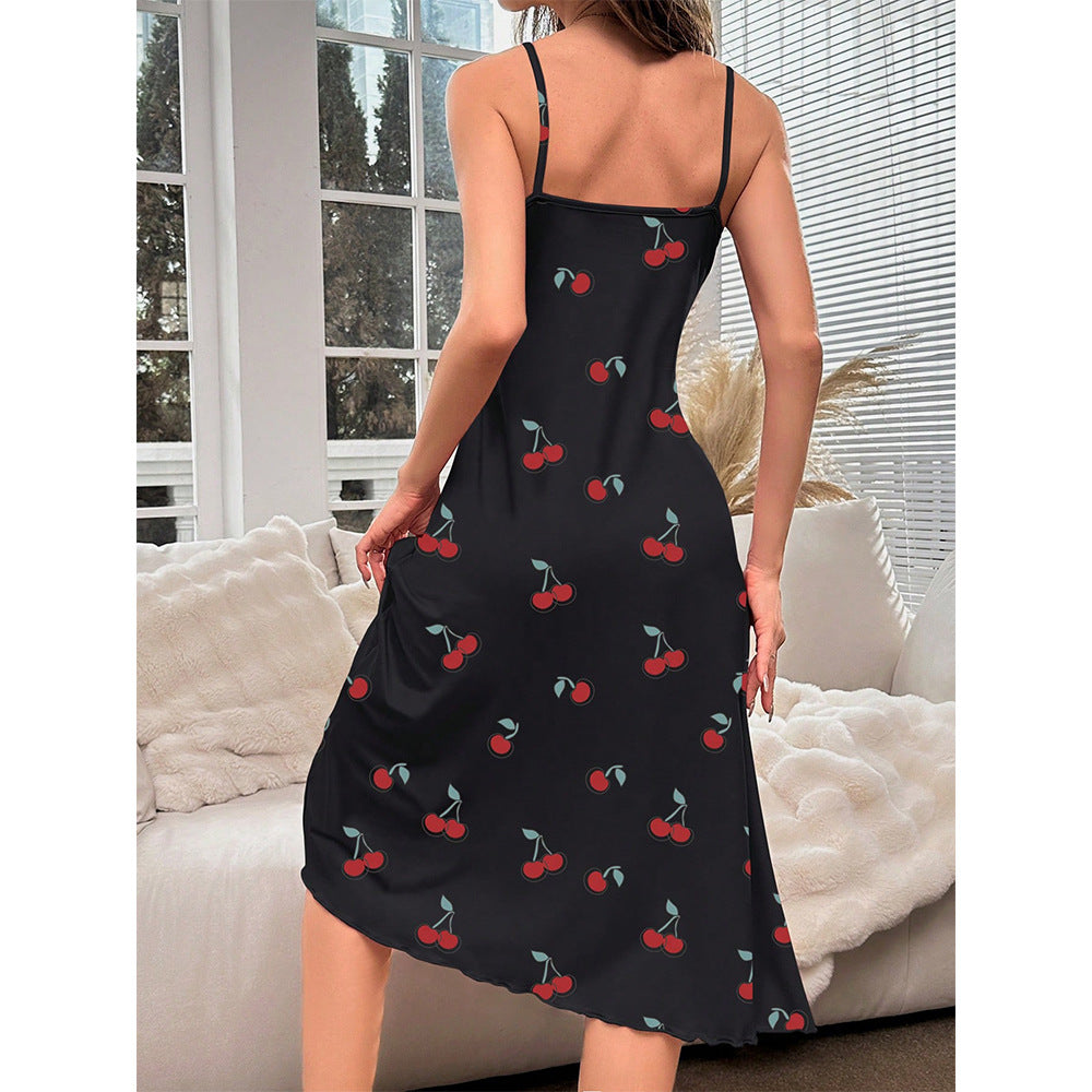 Black cherry-print slip dress, comfortable print mid length dress nightdress for women