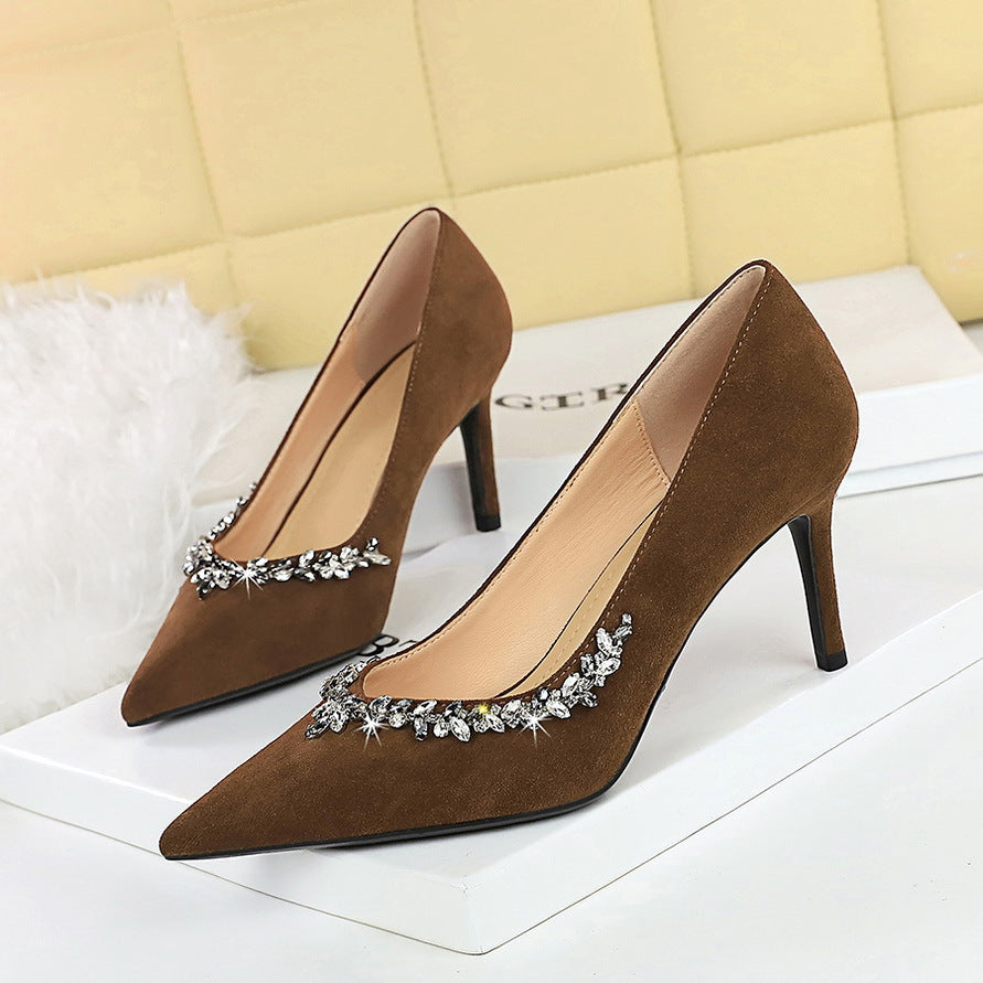 Langry fashion brown suede stiletto heel with rhinestones