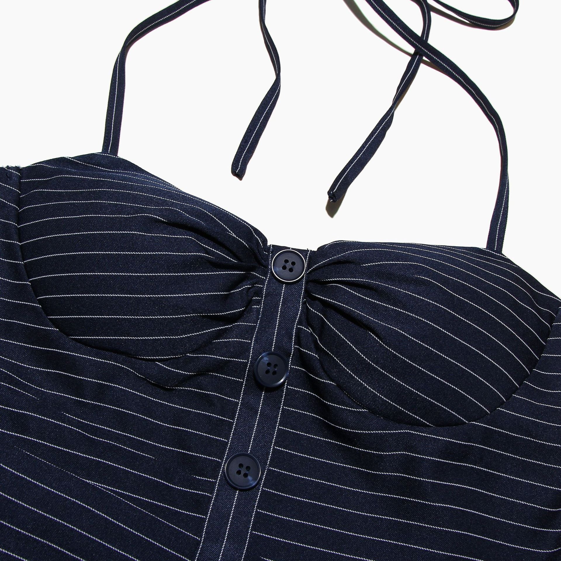 Navy blue pinstriped bustier top with button details for fashionable ملابس