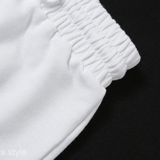 White elastic waistband on trendy tank two piece set with ankle-tied lace accents